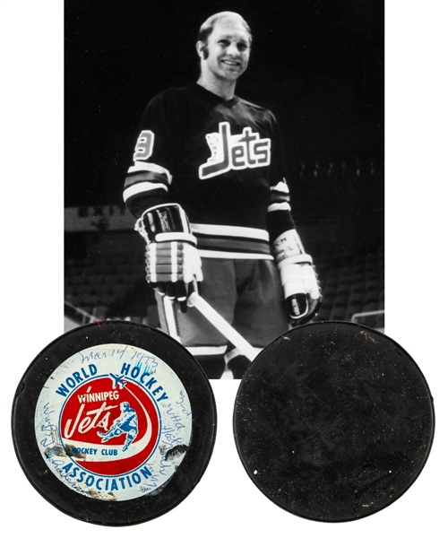 Bobby Hulls 1972-73 WHA Winnipeg Jets "3rd WHA Hat Trick" Goal Puck with LOA 