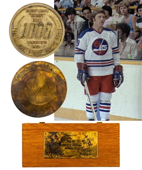 Bobby Hulls 1977-78 WHA Winnipeg Jets Milestone "1,000th Career Goal" Presentation Puck with Display Case - LOA 
