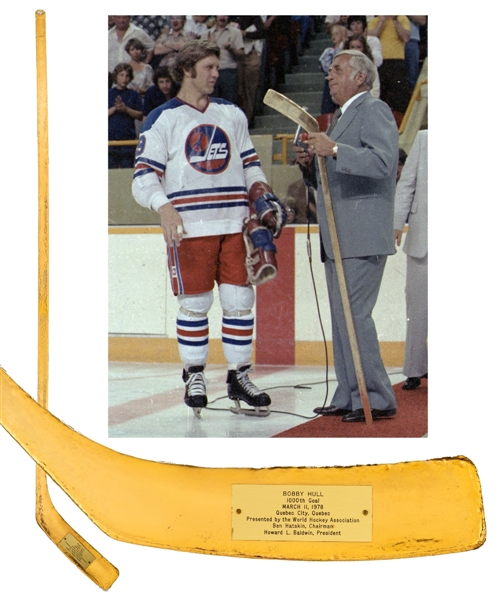 Bobby Hulls 1977-78 WHA Winnipeg Jets Milestone "1,000th Career Goal" Presentation Gold Hockey Stick with LOA 