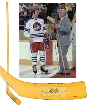 Bobby Hulls 1977-78 WHA Winnipeg Jets Milestone "1,000th Career Goal" Presentation Gold Hockey Stick with LOA 