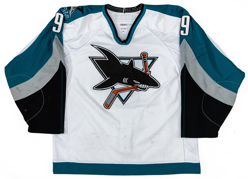 Todd Harveys 2000-01 San Jose Sharks Game-Worn Jersey - 10th Anniversary Patch! - Team Repairs!