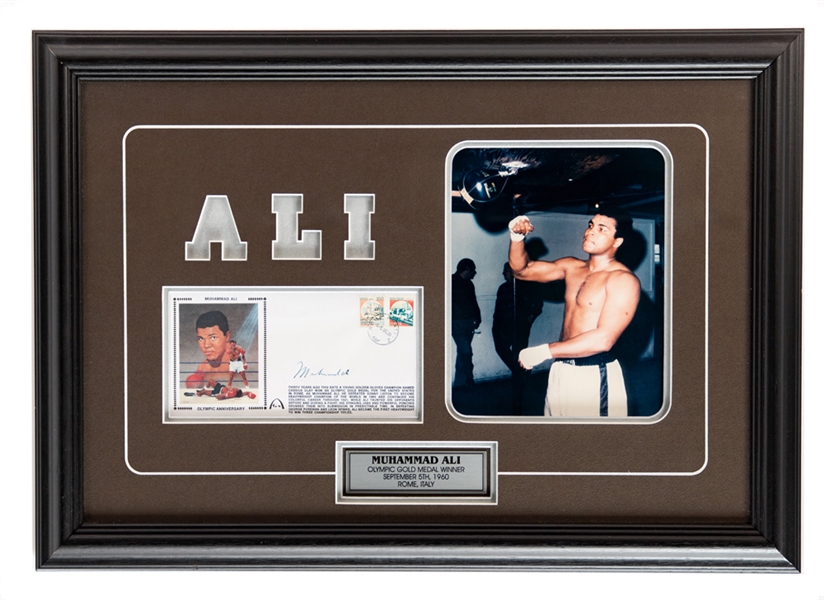 Muhammad Ali Signed and Framed Limited-Edition First Day Cover Photo Display with COA and JSA Auction LOA (19" x 27") 