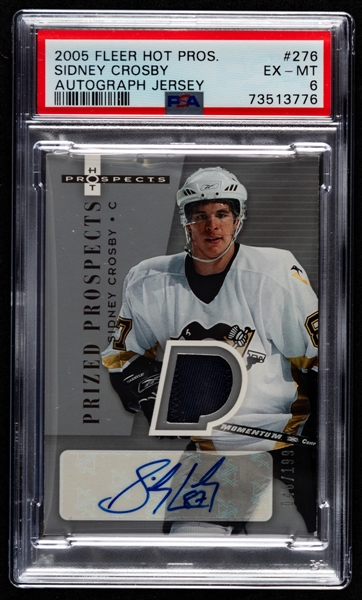 2005-06 Fleer Hot Prospects Prized Prospects Autograph Jersey Hockey Card #276 Sidney Crosby (048/199) - Graded PSA 6