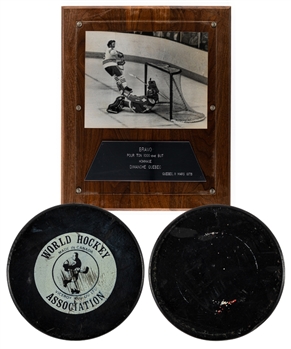 Important Bobby Hulls 1977-78 WHA Winnipeg Jets "1,000th Professional Hockey Career Goal" Goal Puck with Great Provenance - LOA 