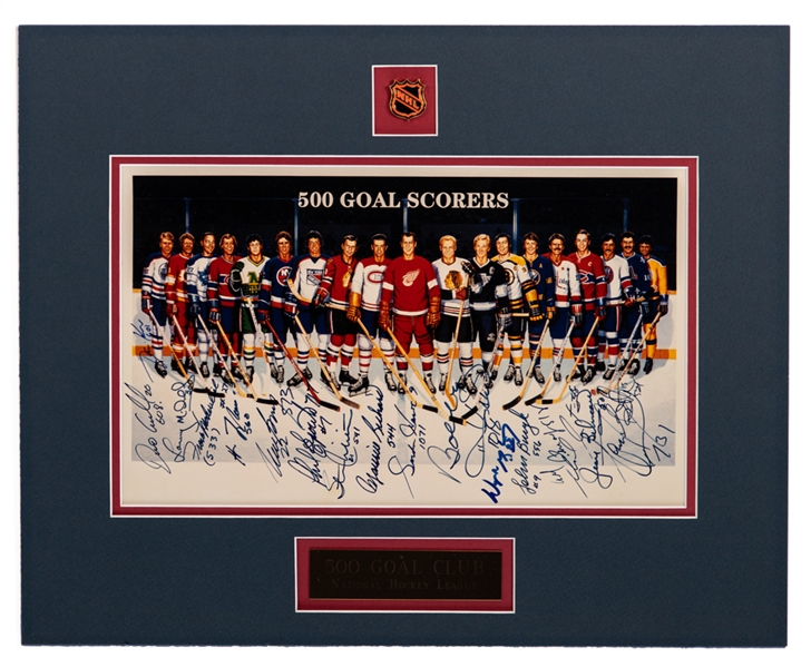 500-Goal Scorers Matted Print Display Autographed by 18 Including with Richard, Howe, Beliveau, Lafleur, Gretzky and Others with JSA Auction LOA 