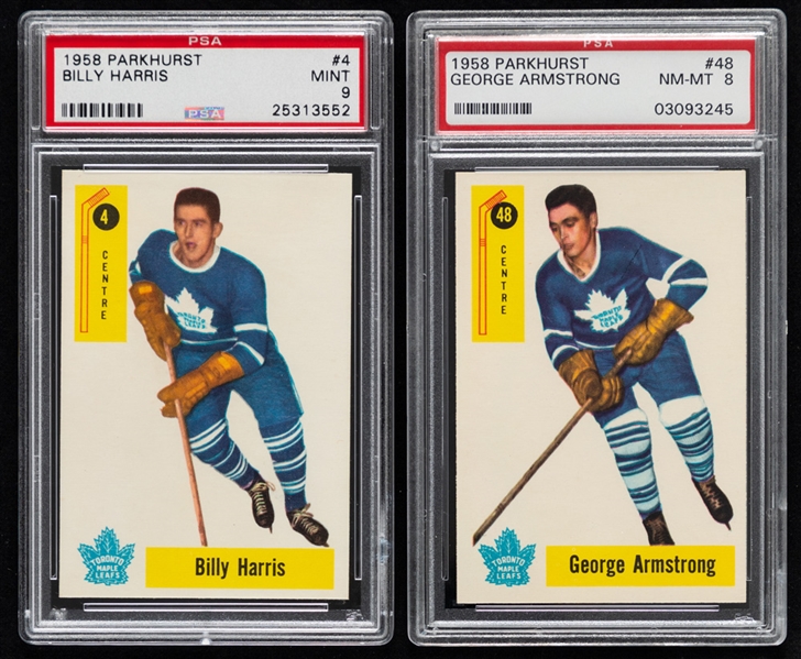 1958-59 Parkhurst Hockey Card #48 HOFer George Armstrong (Graded PSA 8) and 1958-59 Parkhurst Hockey Card #4 Billy Harris (Graded PSA 9)