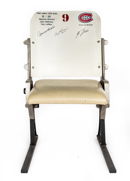 Montreal Forum "500-Goal Club" Limited-Edition White #9 Single Seat #12/25 Signed by Deceased HOFers Maurice Richard, Jean Beliveau and Guy Lafleur