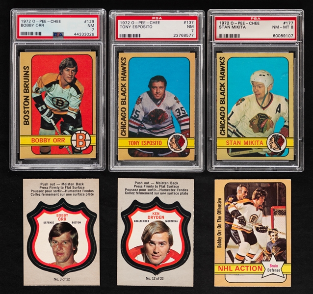 1972-73 O-Pee-Chee Hockey Complete 341-Card Set with Graded Cards (7) Inc. HOFers #129 Orr (PSA NM 7), #137 T. Esposito (PSA NM 7) and #177 Mikita (PSA NM-MT 8) Plus Player Crest 22-Card Set