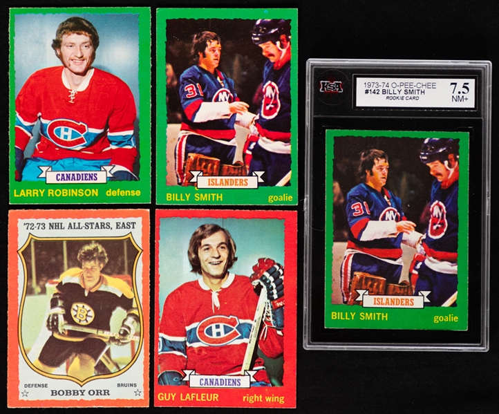 1973-74 O-Pee-Chee Hockey Complete 264-Card Set with Graded Cards (2) of HOFers #142 Billy Smith Rookie (KSA NM+ 7.5) and #30 Bobby Orr (ACA EX-MT 6) 