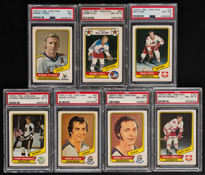 1976-77 and 1977-78 O-Pee-Chee WHA Hockey Complete Sets with PSA-Graded Cards (11) Including 1976-77 OPC #65 HOFer Bobby Hull (NM-MT 8)