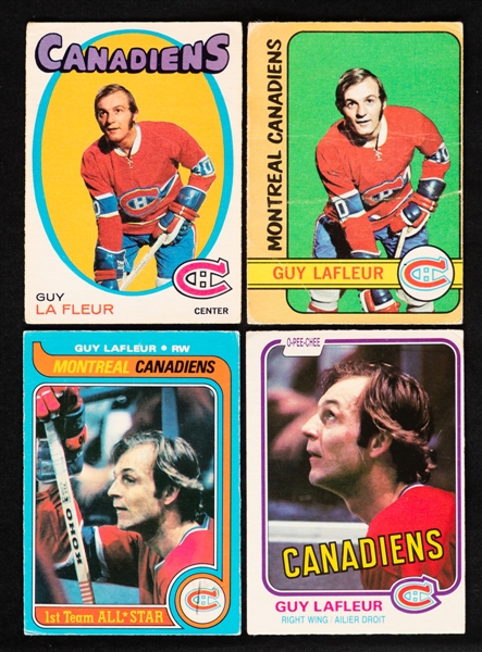 1971-72 to 1981-82 O-Pee-Chee Hockey Cards (4) of HOFer Guy Lafleur Including 1971-72 OPC #148 Rookie Card