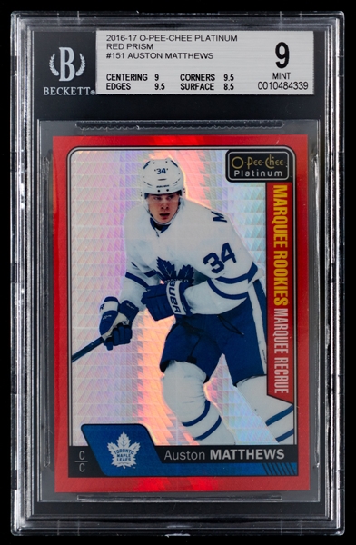 2016-17 O-Pee-Chee Platinum Marquee Rookies Red Prism Hockey Card #151 Auston Matthews (171/199) - Graded Beckett 9