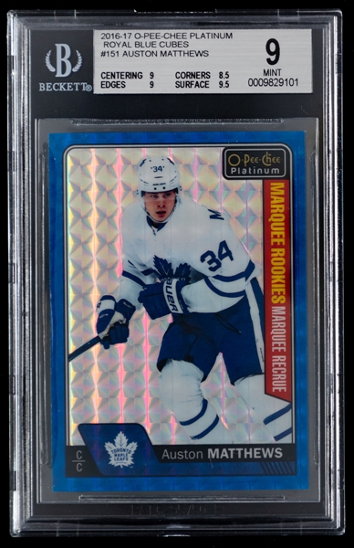 2016-17 O-Pee-Chee Platinum Marquee Rookies Royal Blue Cubes Hockey Card #151 Auston Matthews (93/99) - Graded Beckett 9