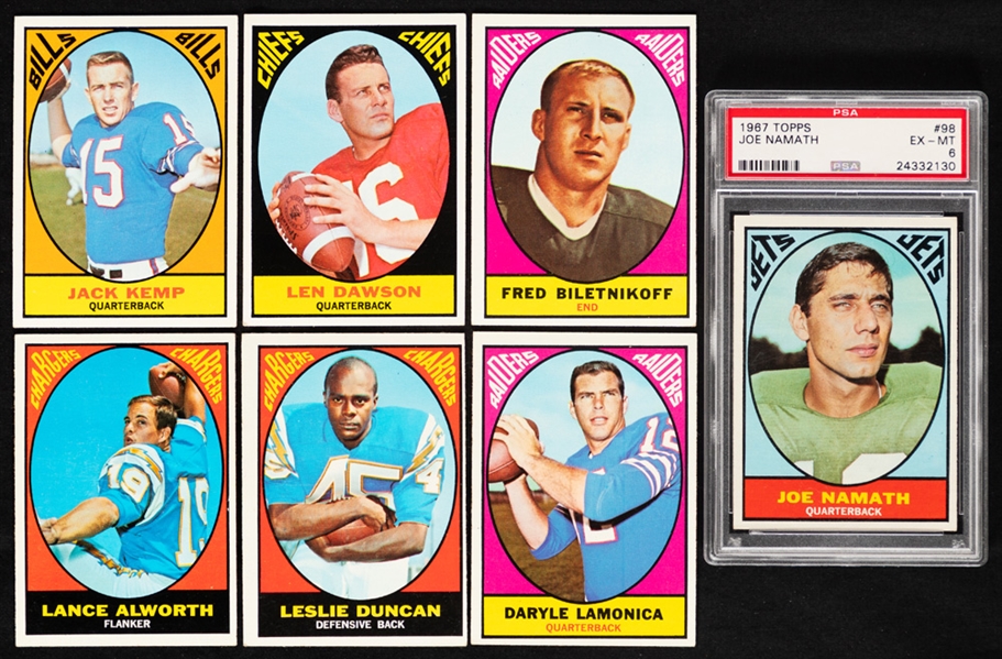 1967 Topps Football Complete 132-Card Set Including #98 HOFer Joe Namath (Graded PSA 6) Plus 1985 Topps Football Complete 396-Card Set