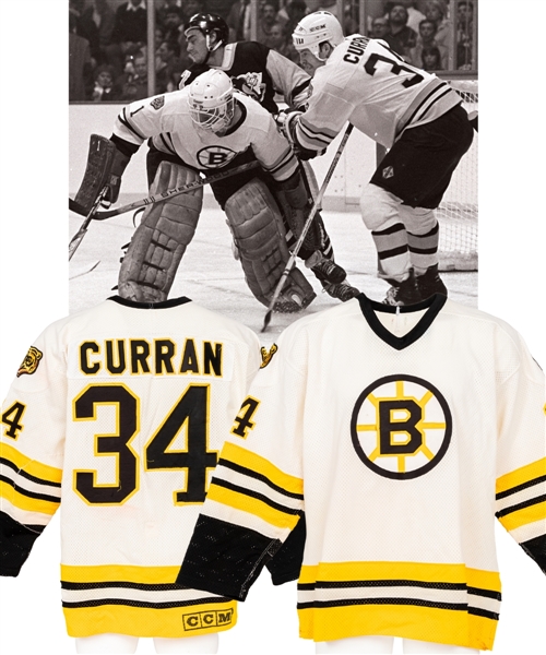 Brian Currans 1983-84 Boston Bruins Game-Worn Rookie Season Jersey with LOA - Team Repairs!