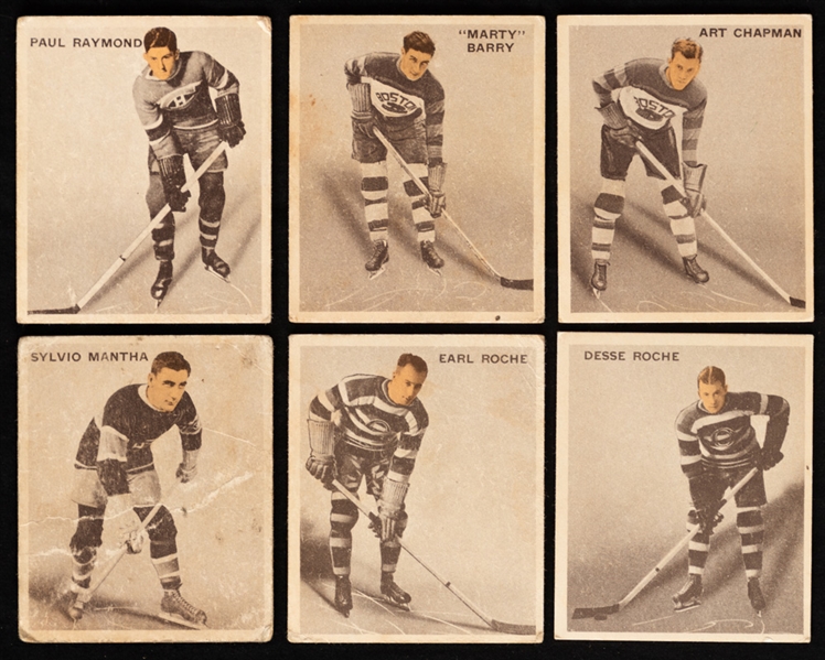 1933-34 World Wide Gum Ice Kings V357 Hockey Cards (6) Including #27 HOFer Marty Barry Rookie and #32 Art Chapman Rookie Plus 1933-34 General Motors Hockey Guide