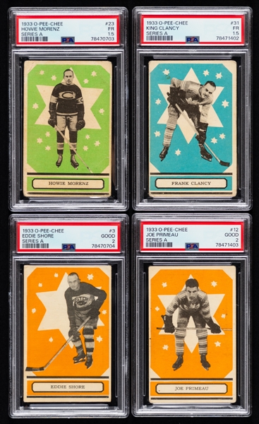 1933-34 O-Pee-Chee V304 Series "A" Hockey Near Complete Set (45/48) with PSA-Graded Cards (4) Inc. HOFers #3 Shore Rookie (GD 2), #12 Primeau Rookie (GD 2), #23 Morenz (FR 1.5) and #31 Clancy (FR 1.5)
