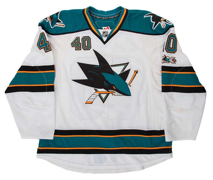 Kent Huskins 2010-11 San Jose Sharks Game-Worn Jersey - 20th Anniversary Patch! - Photo-Matched! 