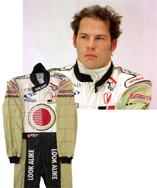 Jacques Villeneuves 2001 Lucky Strike BAR Honda F1 Team Signed Race-Worn Suit (Look Alike Sponsorship) with His Signed LOA