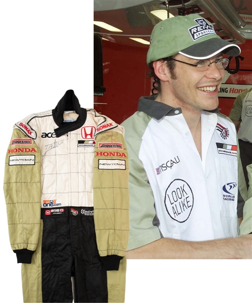 Jacques Villeneuves 2001 Lucky Strike BAR Honda F1 Team Signed Test/Practice-Worn Suit (No Sponsorship) with His Signed LOA