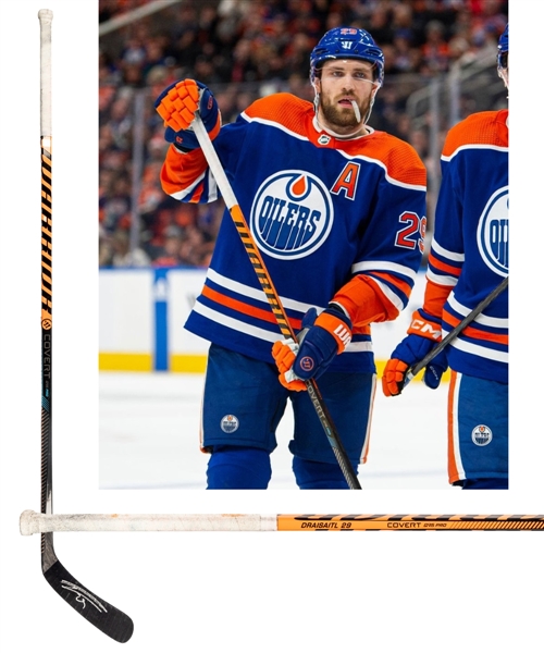 Leon Draisaitls 2022-23 Edmonton Oilers Signed Warrior Covert QR5 Game-Used Stick 