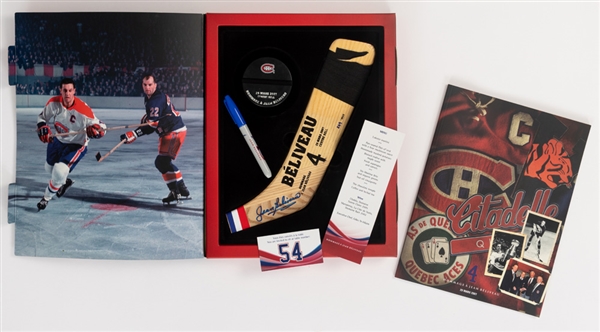 Deceased HOFer Jean Beliveaus 2007 Tribute Night Gift Box with Signed Hockey Stick Blade and Souvenir Book with LOA 