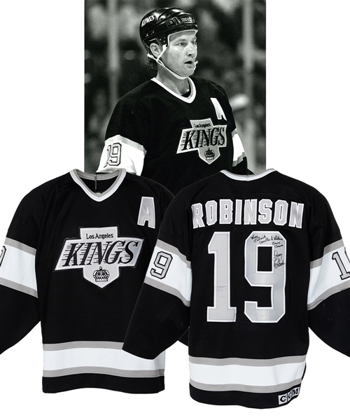 Larry Robinsons 1990-91 Los Angeles Kings Signed Game-Worn Alternate Captains Jersey Originally From Patrick Roys Personal Collection with His Signed LOA