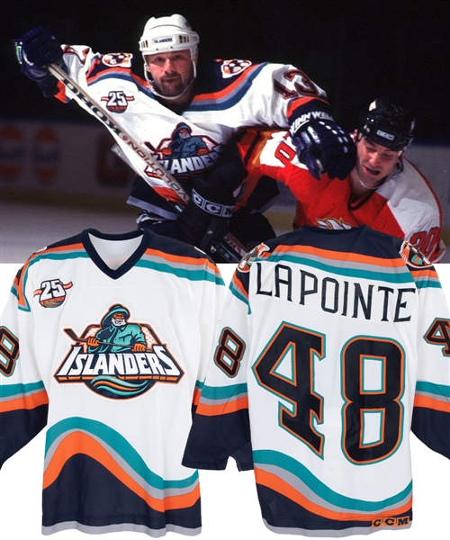 Claude Lapointes 1996-97 New York Islanders Game-Worn Jersey with MeiGray LOA and COR - 25th Anniversary Patch! - Photo-Matched!