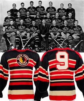 Chicago Black Hawks Circa 1947-48 Game-Worn Wool Jersey Attributed to George Gee - Team Repairs!