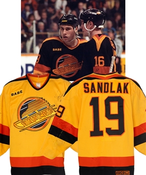 Jim Sandlaks 1988-89 Vancouver Canucks Signed Game-Worn Jersey - "BABE" Memorial Patch! - Nice Game Wear! - 60+ Team Repairs! 