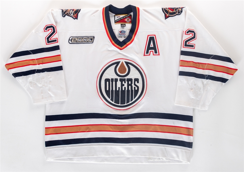 Roman Hamrliks 1999-2000 Edmonton Oilers Game-Worn Alternate Captains Jersey - Nice Game Wear! - Numerous Team Repairs! - NHL2000 Patch! - Video-Matched!