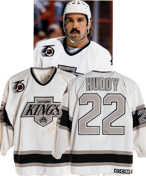 Charlie Huddys 1991-92 Los Angeles Kings Game-Worn Jersey - Nice Game Wear! - Team Repairs! - NHL 75th and Kings 25th Patches!