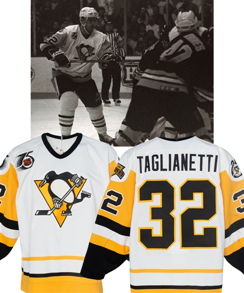Peter Taglianettis 1991-92 Pittsburgh Penguins Game-Worn Jersey - Stanley Cup Championship Season! - Badger, Penguins 25th and NHL 75th Patches!