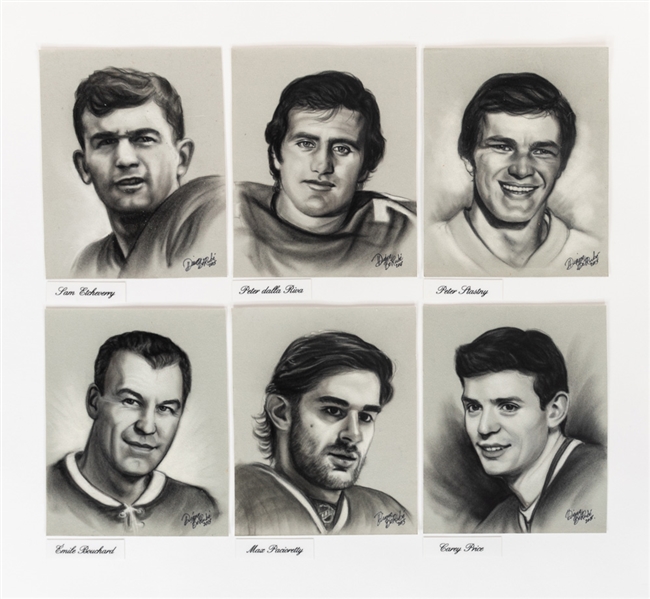 NHL and CFL Original Charcoal Drawings on Velvet Paper by Artist Diane Berube (6) of Sam Etcheverry, Peter Dalla Riva, Peter Stastny, Carey Price, Butch Bouchard and Max Pacioretty