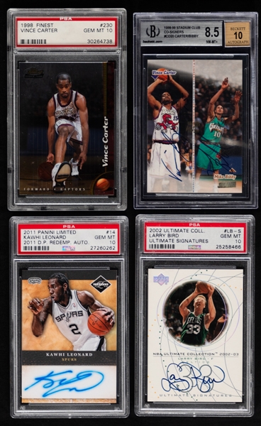 1980s to 2010s Basketball Cards (10) Inc. 2002-03 Ultimate Signatures #LB-S Larry Bird (PSA GEM MT 10) and 2011-12 Panini Limited DP Redemption #14 Kawhi Leonard Rookie/Signed (PSA GEM MT 10) 