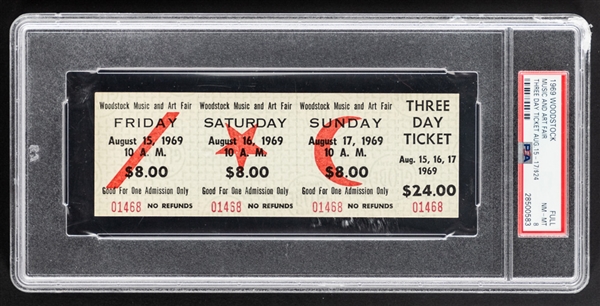 Historic 1969 Woodstock Music Festival Full 3-Day $24.00 Unused Ticket - Graded PSA 8 NM-MT