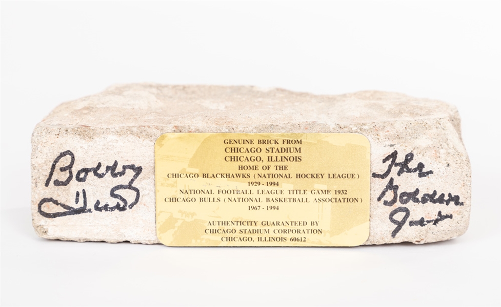 Deceased HOFer Bobby Hull Signed Original Chicago Stadium 1929-1994 Brick with Plaque and LOA - "The Golden Jet" Annotation