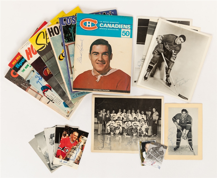 Montreal Canadiens Signed Publications, Postcards and Photo Collection (21 Pieces) Including Deceased HOFers Maurice & Henri Richard, Geoffrion, Lach, Lafleur, Reardon, Bouchard and Olmstead with LOA