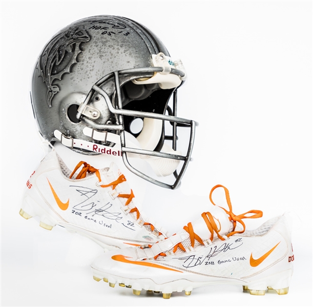 Dan Marino Signed Miami Dolphins Full-Size Riddell Pewter Limited-Edition #82/213 Helmet with "HOF 05" Inscription Plus Brian Hartlines 2012 Miami Dolphins Signed Game-Worn Nike Cleats 