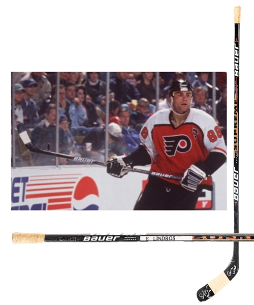 Eric Lindros Mid-1990s Philadelphia Flyers Bauer Supreme 3030 Game-Used Stick from His Personal Collection with His Signed LOA - Stick Signed with Annotation "HOF 16 Game Used"