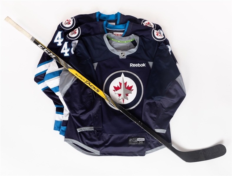 Brendan Lemieuxs 2017-18 AHL Manitoba Moose Game-Worn Jerseys with Team COAs (White & Navy) Plus Winnipeg Jets Practice Jersey and Lemieuxs 2016-17 CCM Tacks Game-Used Stick