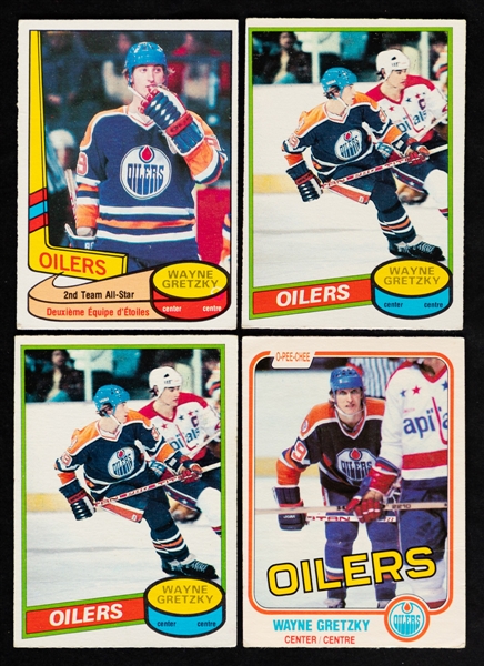 1980-81 and 1981-82 O-Pee-Chee Hockey Cards (4) of HOFer Wayne Gretzky Including 1980-81 #250 (2), 1980-81 #87 and 1981-82 #106
