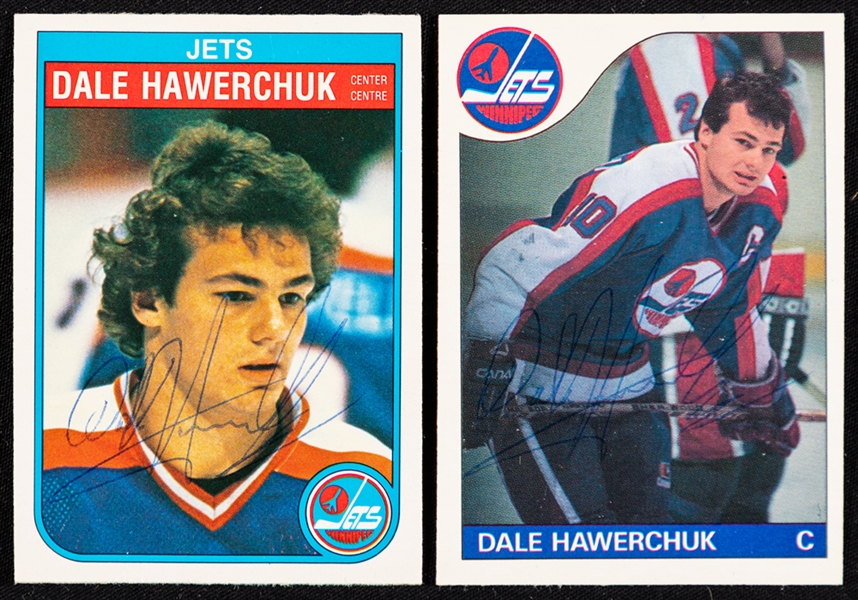 1982-83 O-Pee-Chee Hockey #380 HOFer Dale Hawerchuk Rookie Cards (2) Inc. Signed Example Plus 1985-86 O-Pee-Chee Hockey #109 HOFer Dale Hawerchuk Signed Card (JSA Auction LOA)