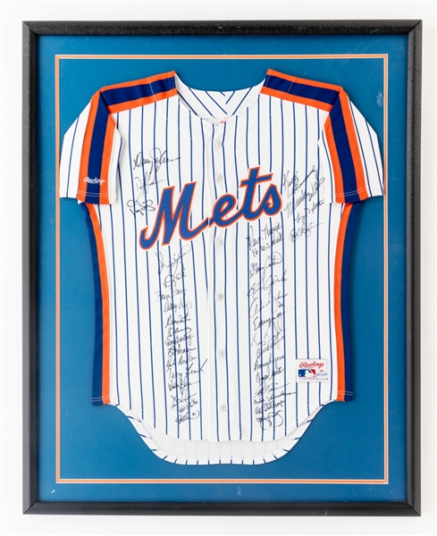 New York Mets 1986 World Series Champions Team-Signed Framed Jersey with JSA Auction LOA (35" x 42") 