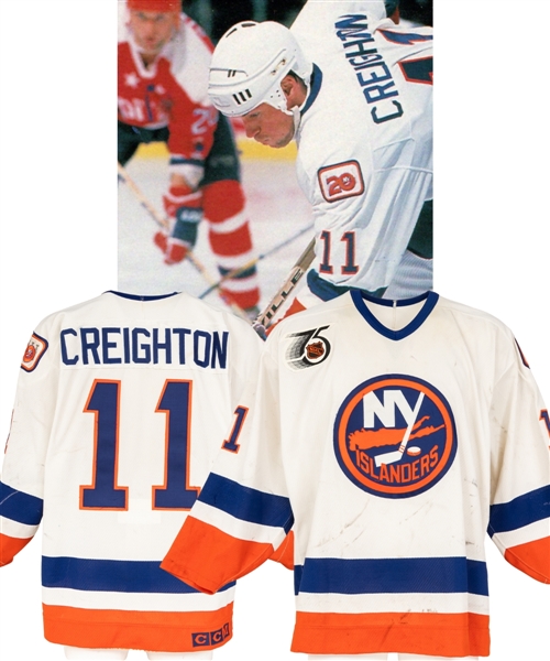 Adam Creightons 1991-92 New York Islanders Game-Worn Jersey with LOA - NHL 75th Anniversary and Islanders 20th Anniversary Patches! - Nice Game Wear! - Photo-Matched!