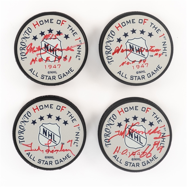 1947 1st Annual NHL All-Star Game Toronto Maple Leafs and NHL All-Stars Signed Puck Collection of 9 including Deceased HOFers Harry Watson, Ted Lindsay, Edgar Laprade, Milt Schmidt, and Ted Kenned 