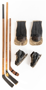Frank Finnigans Hockey Career Game-Used Hockey Equipment Collection Including Game-Used Skates, Spalding Shin Pads and Hockey Sticks (2)