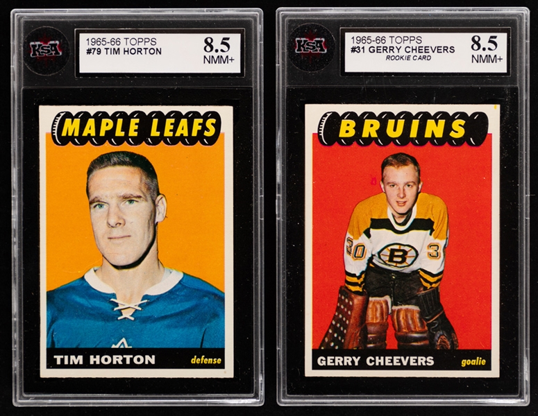 1965-66 Topps Hockey Card Starter Set (71/128) Including KSA-Graded Cards of HOFers #31 Gerry Cheevers Rookie (NMM+ 8.5) and #79 Tim Horton (NMM+ 8.5)