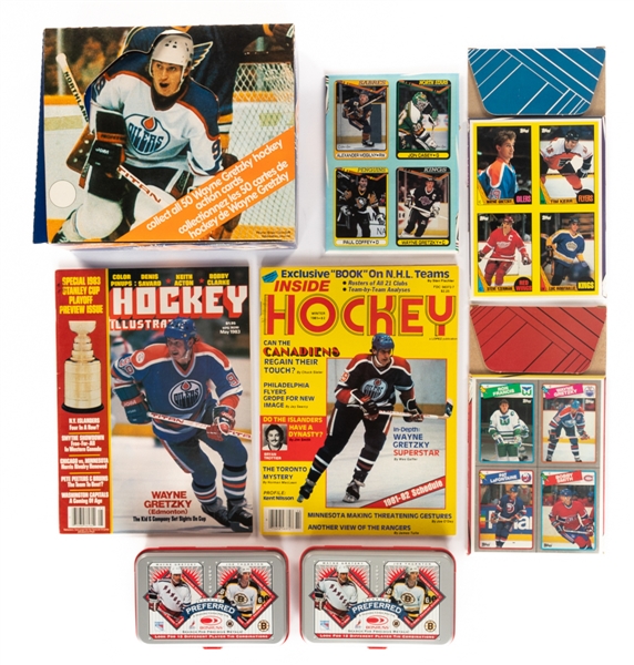 Wayne Gretzky Hockey Cards and Memorabilia Collection Including 1981-82, 1982-83 and 1985-86 Oilers Red Rooster Sets (3), OPC/Topps Empty Wax Boxes with Wayne Gretzky Cards, Publications and More