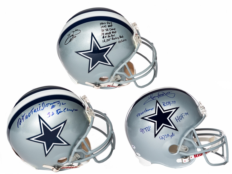 Emmitt Smith, Tony Dorsett and Ed Jones Single-Signed Dallas Cowboys Full-Sized Riddell Helmets with COA’s – Numerous Inscriptions! 